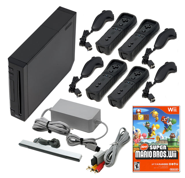 Wii Console Black - Choose 1 to 4 Voomwa Remotes - Wii Sports, New Super Mario, or Mario Kart (Refurbished - Excellent)