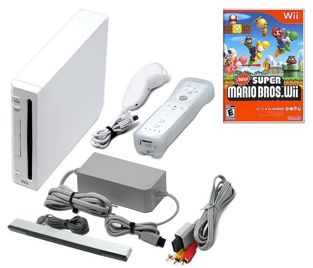Wii Console White + Choose Voomwa Remotes - Wii Sports, New Super Mario, or Mario Kart (Refurbished - Excellent)