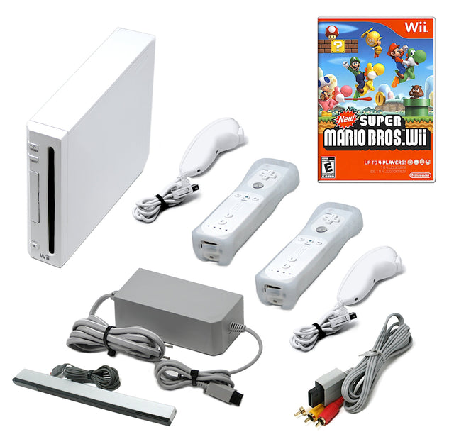 Wii Console White + Choose Voomwa Remotes - Wii Sports, New Super Mario, or Mario Kart (Refurbished - Excellent)