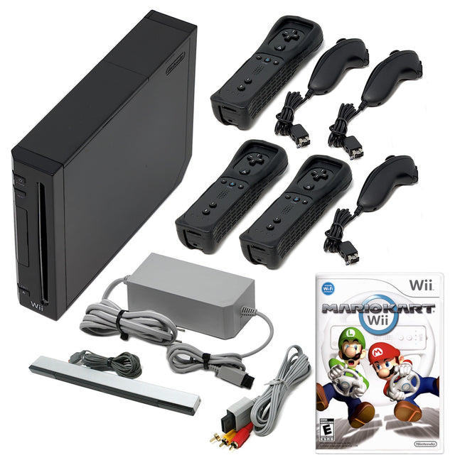 Wii Console Black - Choose 1 to 4 Voomwa Remotes - Wii Sports, New Super Mario, or Mario Kart (Refurbished - Excellent)