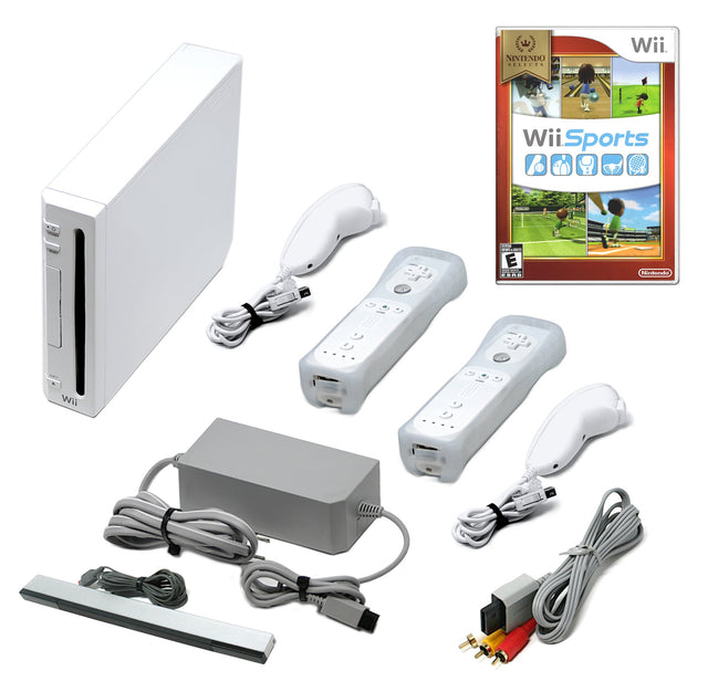 Wii Console White + Choose Voomwa Remotes - Wii Sports, New Super Mario, or Mario Kart (Refurbished - Excellent)