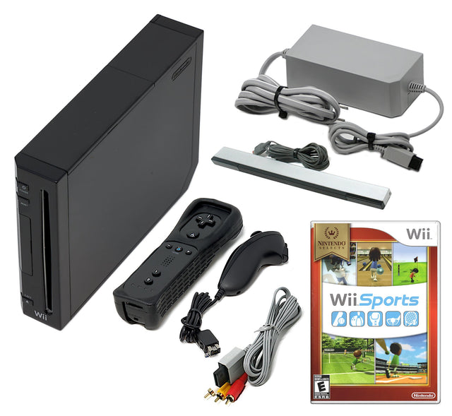 Wii Console Black - Choose 1 to 4 Voomwa Remotes - Wii Sports, New Super Mario, or Mario Kart (Refurbished - Excellent)