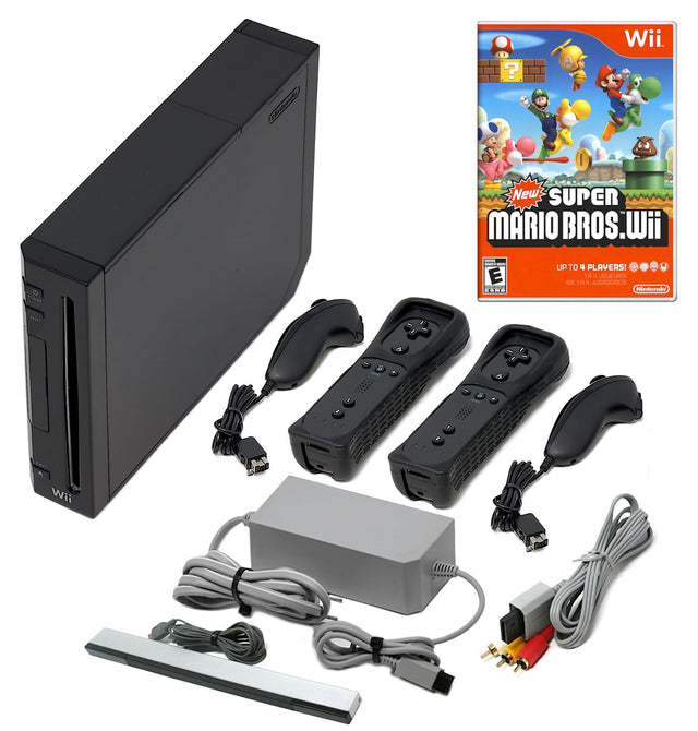 Wii Console Black - Choose 1 to 4 Voomwa Remotes - Wii Sports, New Super Mario, or Mario Kart (Refurbished - Excellent)