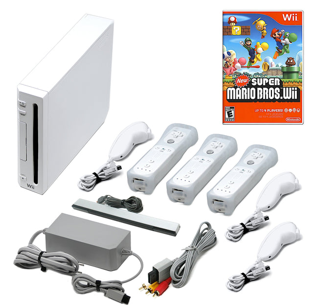 Wii Console White + Choose Voomwa Remotes - Wii Sports, New Super Mario, or Mario Kart (Refurbished - Excellent)