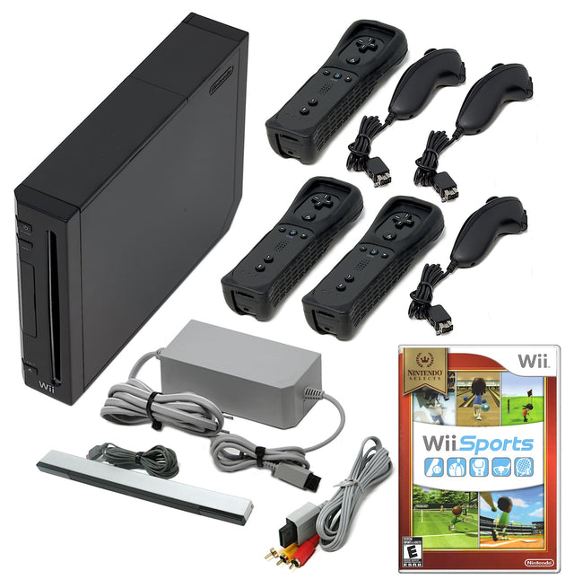 Wii Console Black - Choose 1 to 4 Voomwa Remotes - Wii Sports, New Super Mario, or Mario Kart (Refurbished - Excellent)