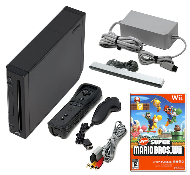 Wii Console Black - Choose 1 to 4 Voomwa Remotes - Wii Sports, New Super Mario, or Mario Kart (Refurbished - Excellent)