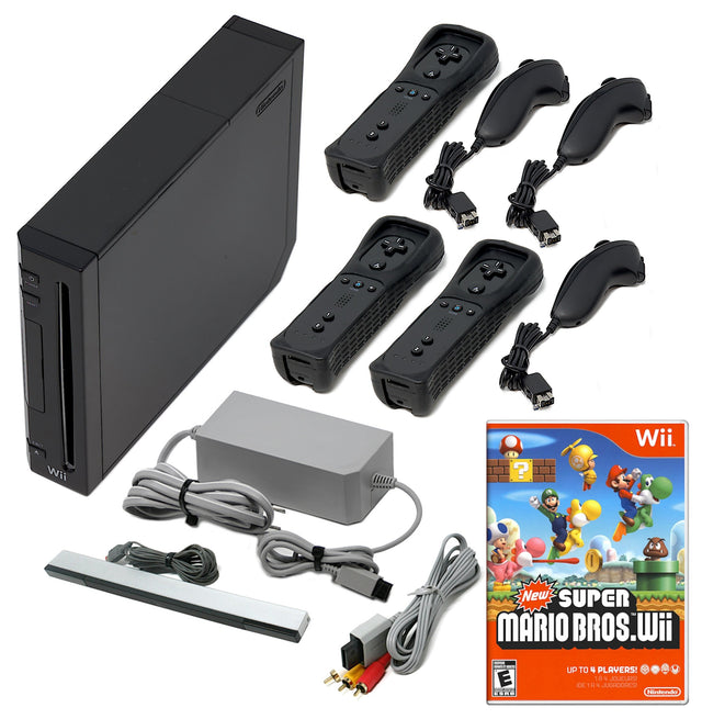 Wii Console Black - Choose 1 to 4 Voomwa Remotes - Wii Sports, New Super Mario, or Mario Kart (Refurbished - Excellent)